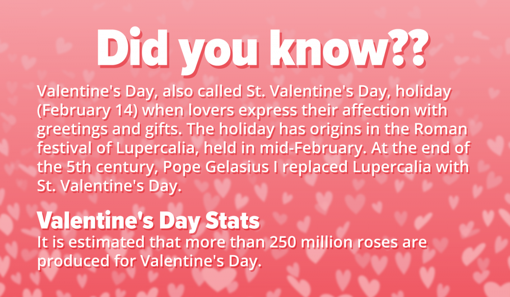 Did you know?? Valentine's Day, also called St. Valentine's Day, holiday (February 14) when lovers express their affection with greetings and gifts. The holiday has origins in the Roman festival of Lupercalia, held in mid-February. At the end of the 5th century, Pope Gelasius I replaced Lupercalia with St. Valentine's Day. Valentine's Day Stats It is estimated that more than 250 million roses are produced for Valentine's Day.